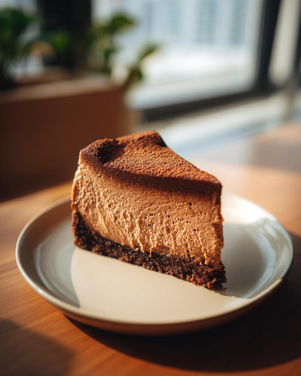 A rich slice of Mocha Cheesecake dusted with cocoa powder, served on a plate.