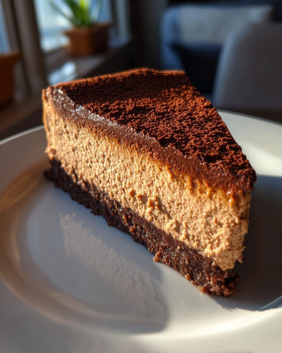 A slice of rich Mocha Cheesecake with a chocolate crust, creamy mocha filling, and a dusting of cocoa powder.