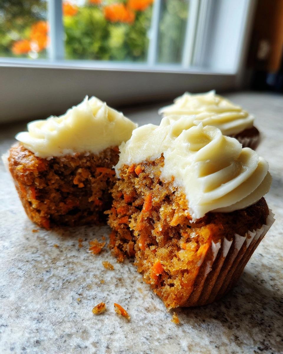 Close-up of Carrot Cake Cupcakes With Cream Cheese Frosting, one cut in half showing moist crumb and shredded carrots.