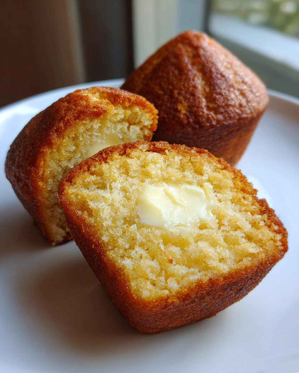 A close-up of a halved Cream Cheese Muffin showing the soft interior and melting cream cheese center.