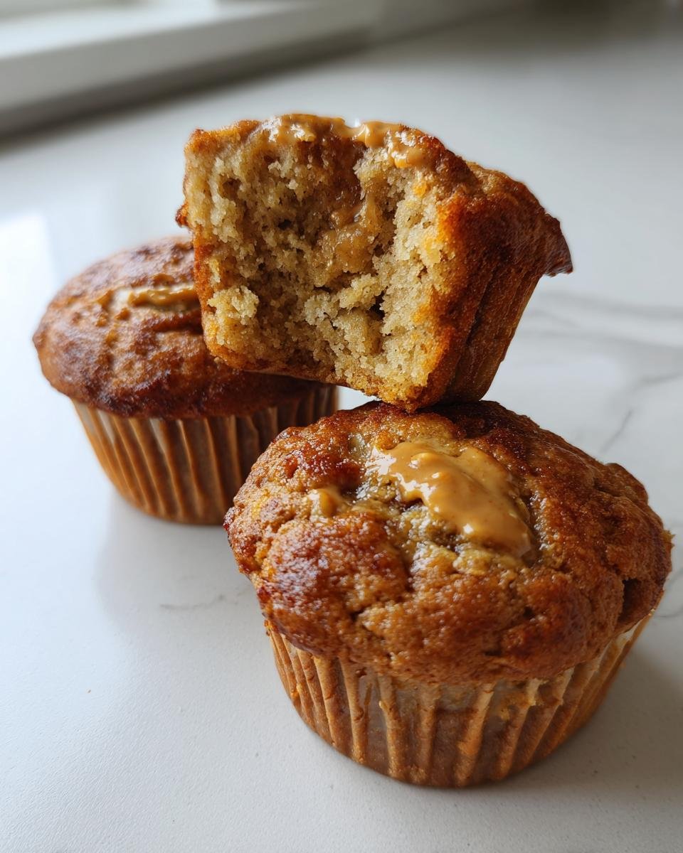 Three delicious Peanut Butter Banana Muffins, one cut in half showing the moist interior and peanut butter swirl.