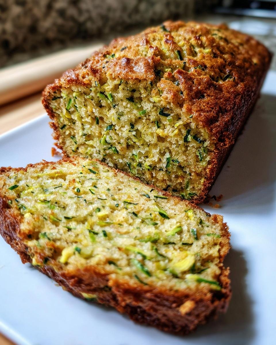 A golden brown loaf of moist Zucchini Cake, with one slice cut and resting against the main loaf, showing shredded zucchini inside.