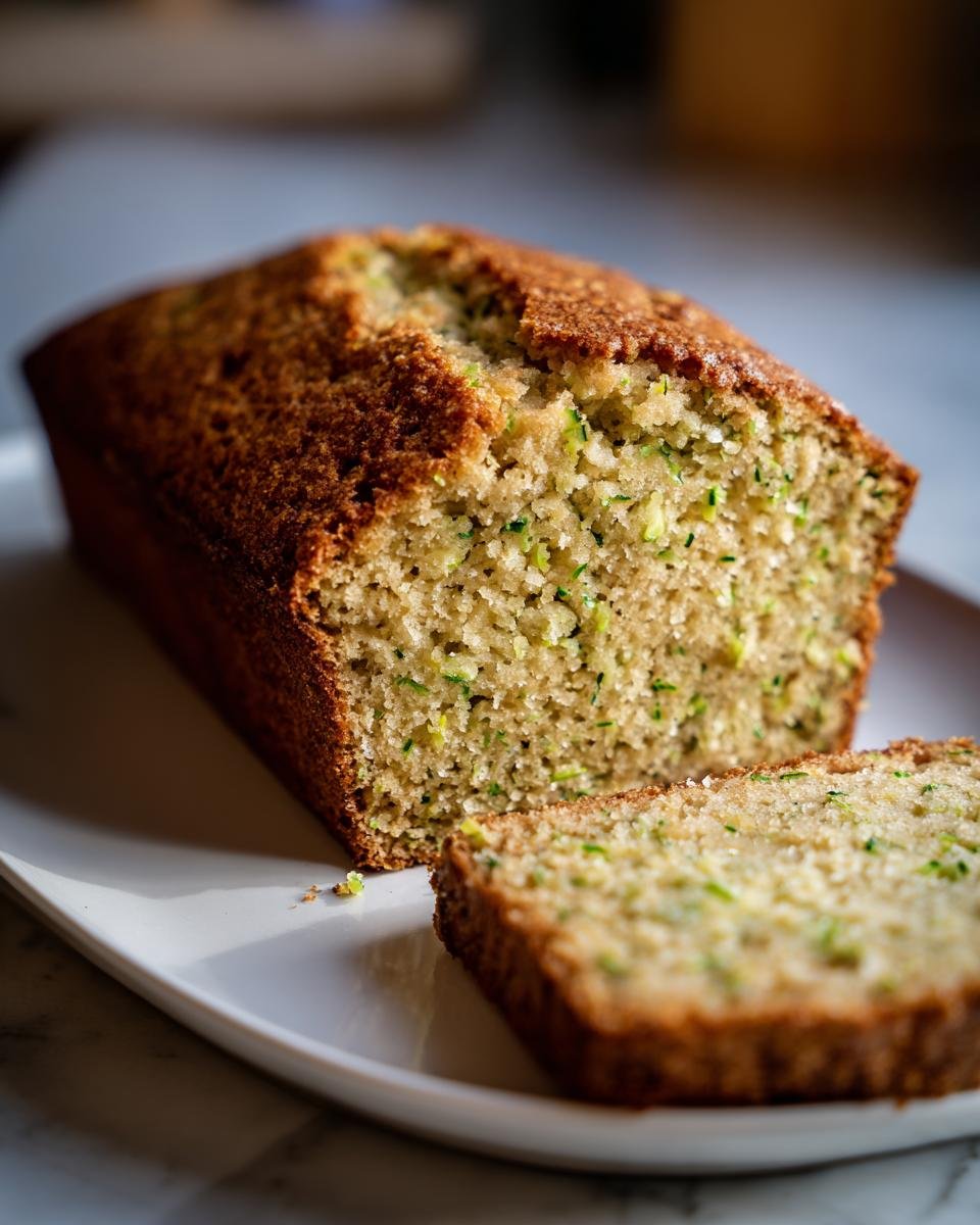 A close-up of a freshly baked, moist Zucchini Cake loaf with one slice cut and resting beside it on a white platter.