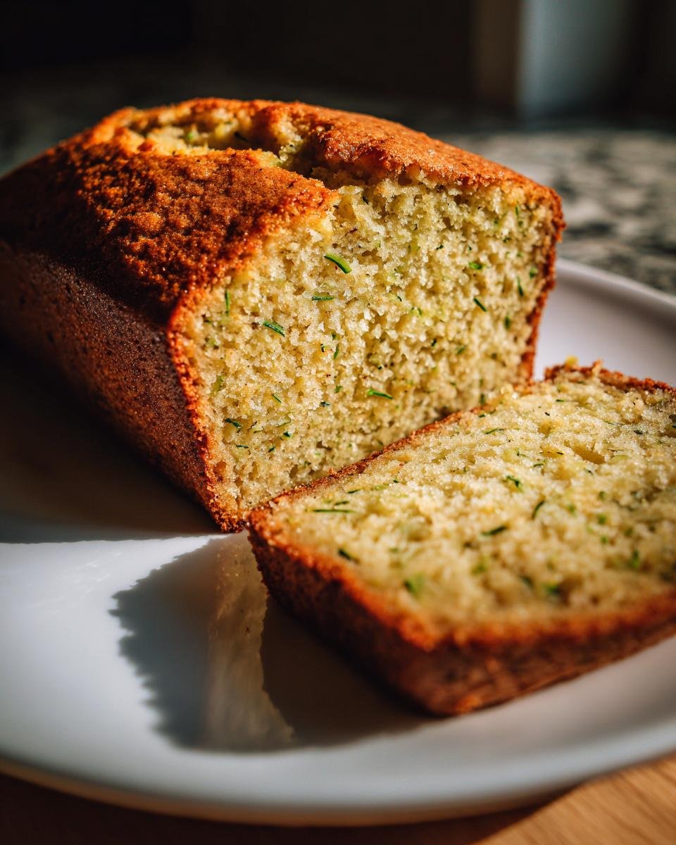 A close-up of a moist Zucchini Cake loaf, showing the tender crumb speckled with green zucchini shreds, with one slice cut.