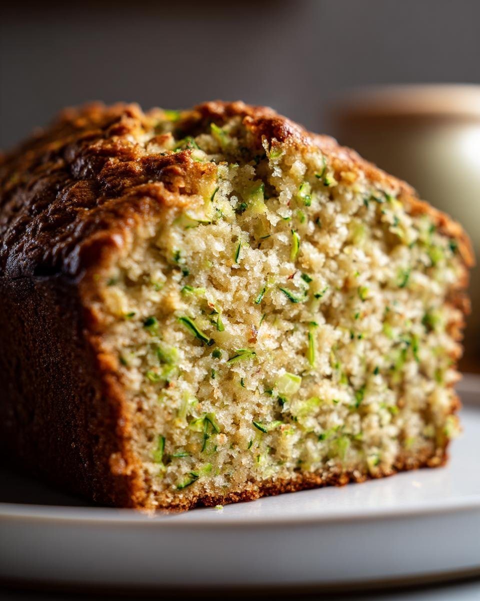 Close-up view showing the moist, tender crumb texture of a freshly baked Zucchini Cake loaf studded with green shredded zucchini.