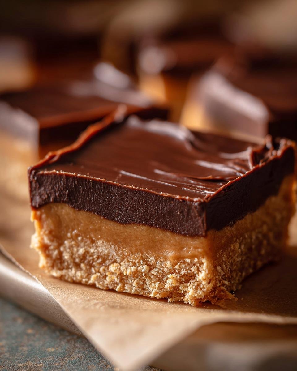 A close-up, decadent square of No Bake Chocolate Peanut Butter Bars showing the crumbly base, peanut butter layer, and thick chocolate topping.
