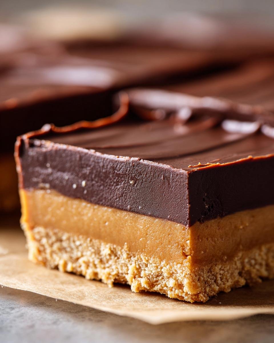 A close-up cross-section of a No Bake Chocolate Peanut Butter Bars showing the crumb base, peanut butter layer, and chocolate topping.