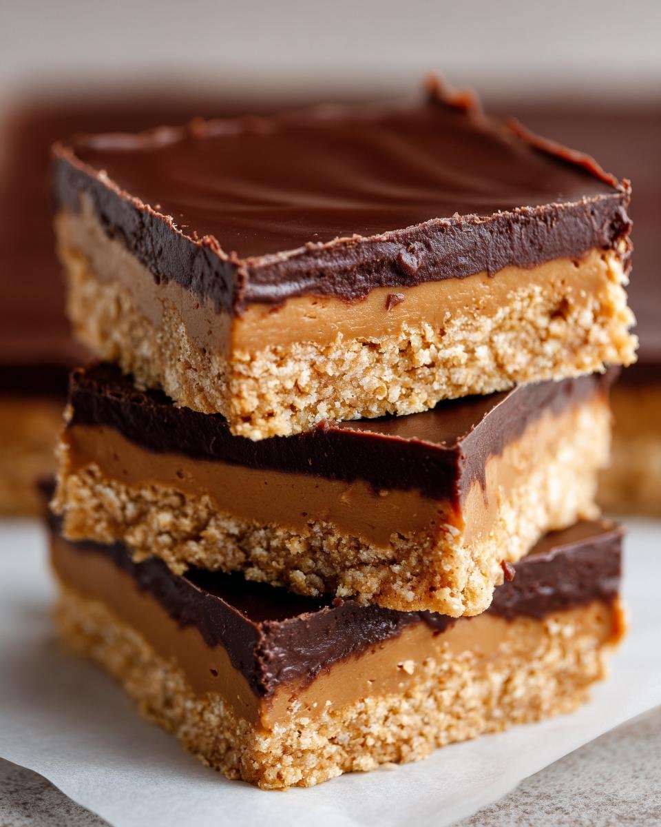 A stack of three rich No Bake Chocolate Peanut Butter Bars showing the layered crust, peanut butter filling, and chocolate topping.