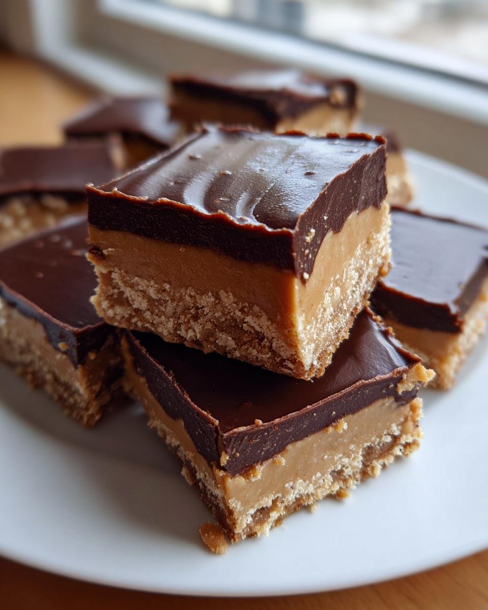 Close-up of stacked No Bake Chocolate Peanut Butter Bars showing crumbly base, peanut butter layer, and chocolate topping.