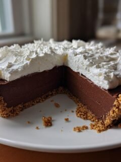 A rich slice of No Bake Chocolate Pie featuring a thick chocolate filling and graham cracker crust topped with whipped cream.