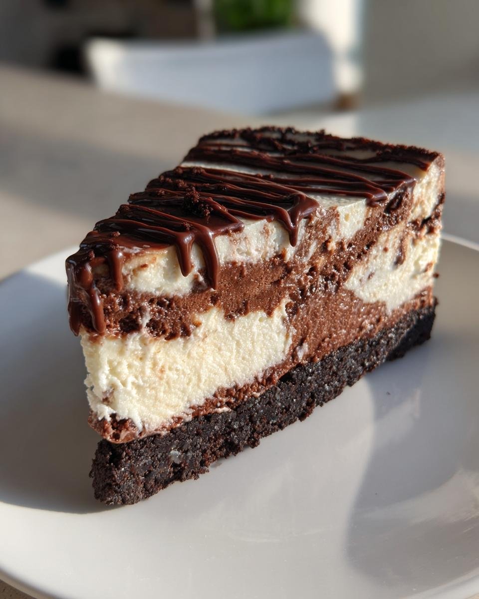 A decadent slice of marbled Nutella Cheesecake featuring alternating layers of light and dark filling on a dark crust, topped with chocolate drizzle.