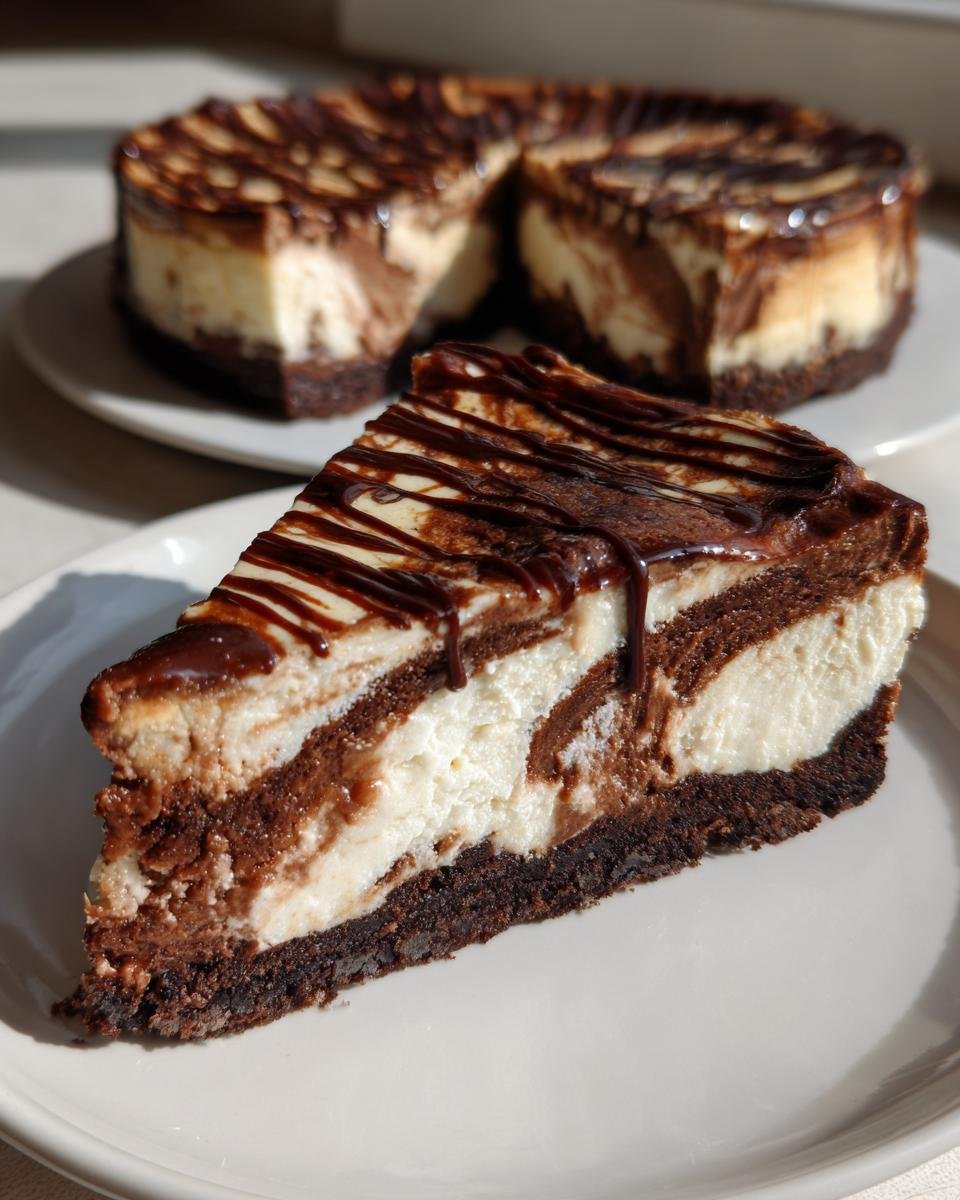 A decadent slice of marbled Nutella Cheesecake with a thick crust and chocolate drizzle topping, whole cake in background.