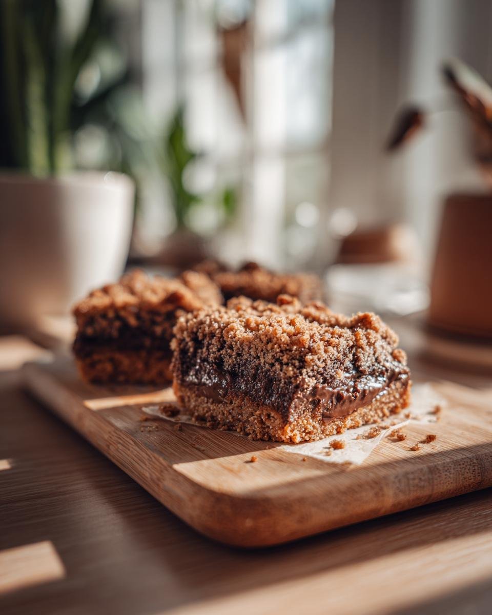 Close-up of delicious Nutella Crumb Bars with a rich chocolate filling and crumb topping on a wooden board.