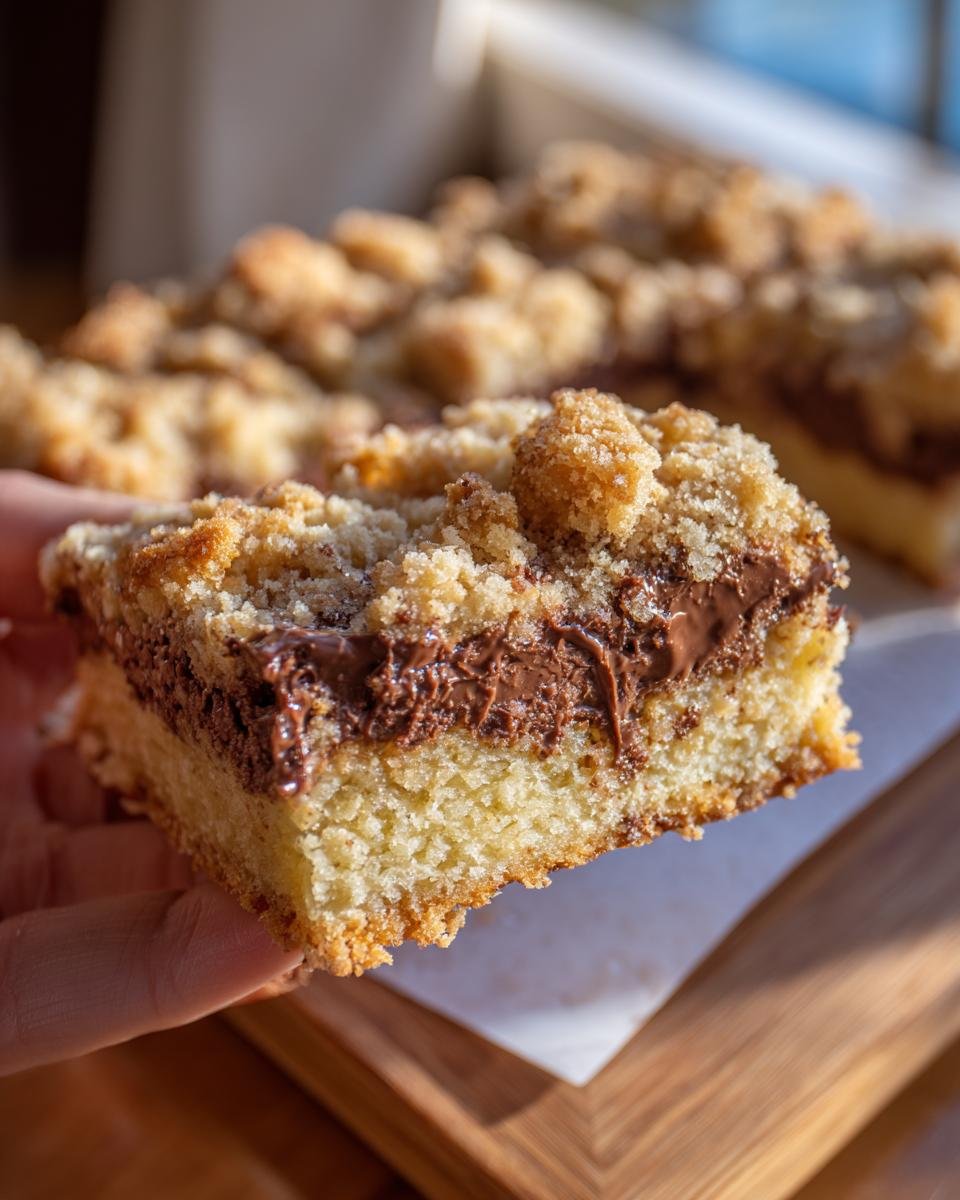 A hand holds a delicious slice of Nutella Crumb Bars, showing the thick Nutella filling and crumb topping.