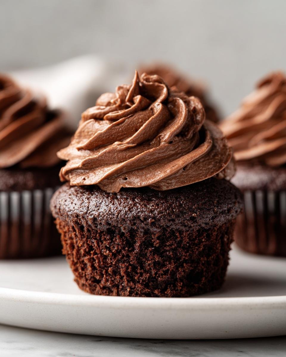 A close-up of a moist chocolate Nutella Cupcakes topped with a generous swirl of rich chocolate frosting.