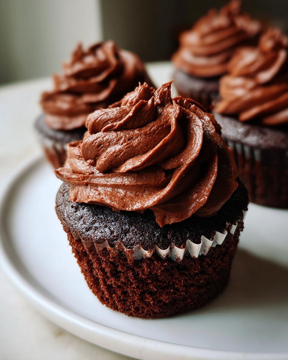 A close-up of one decadent chocolate Nutella cupcake with thick, swirled chocolate frosting, sitting on a white plate.