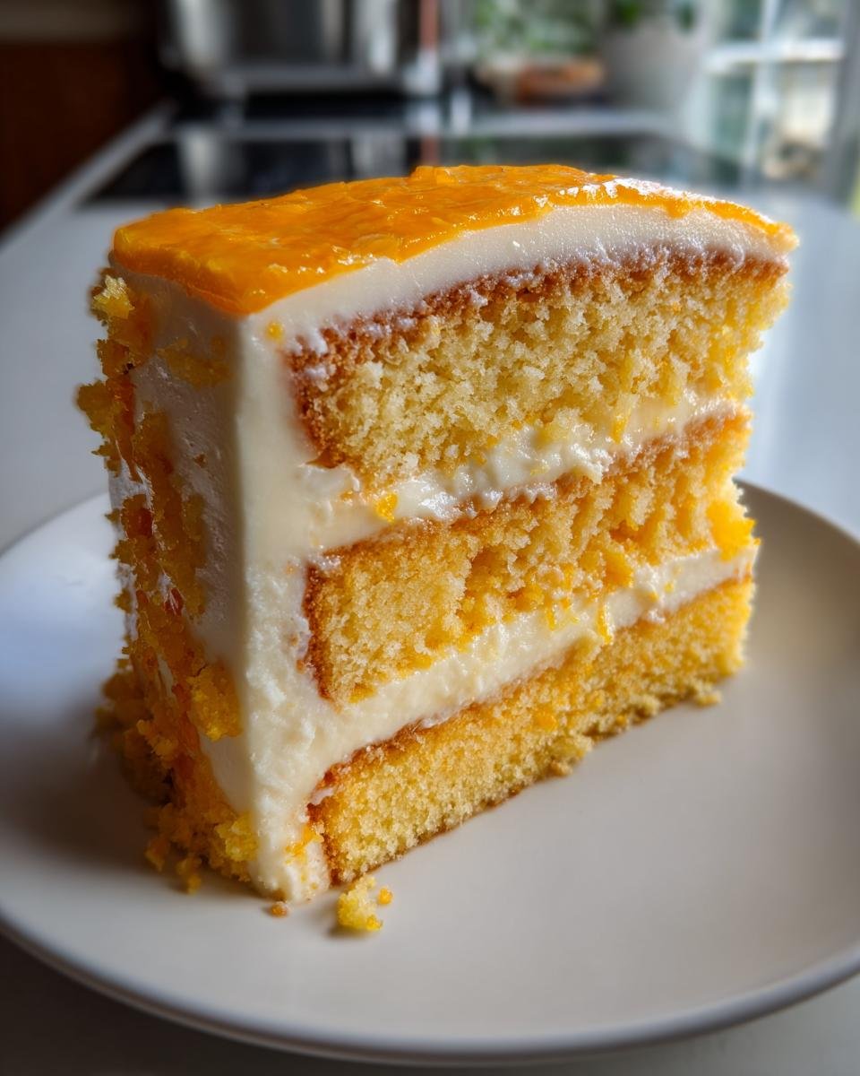 Close-up of a moist slice of Orange Creamsicle Cake showing layers of sponge, cream, and orange topping.