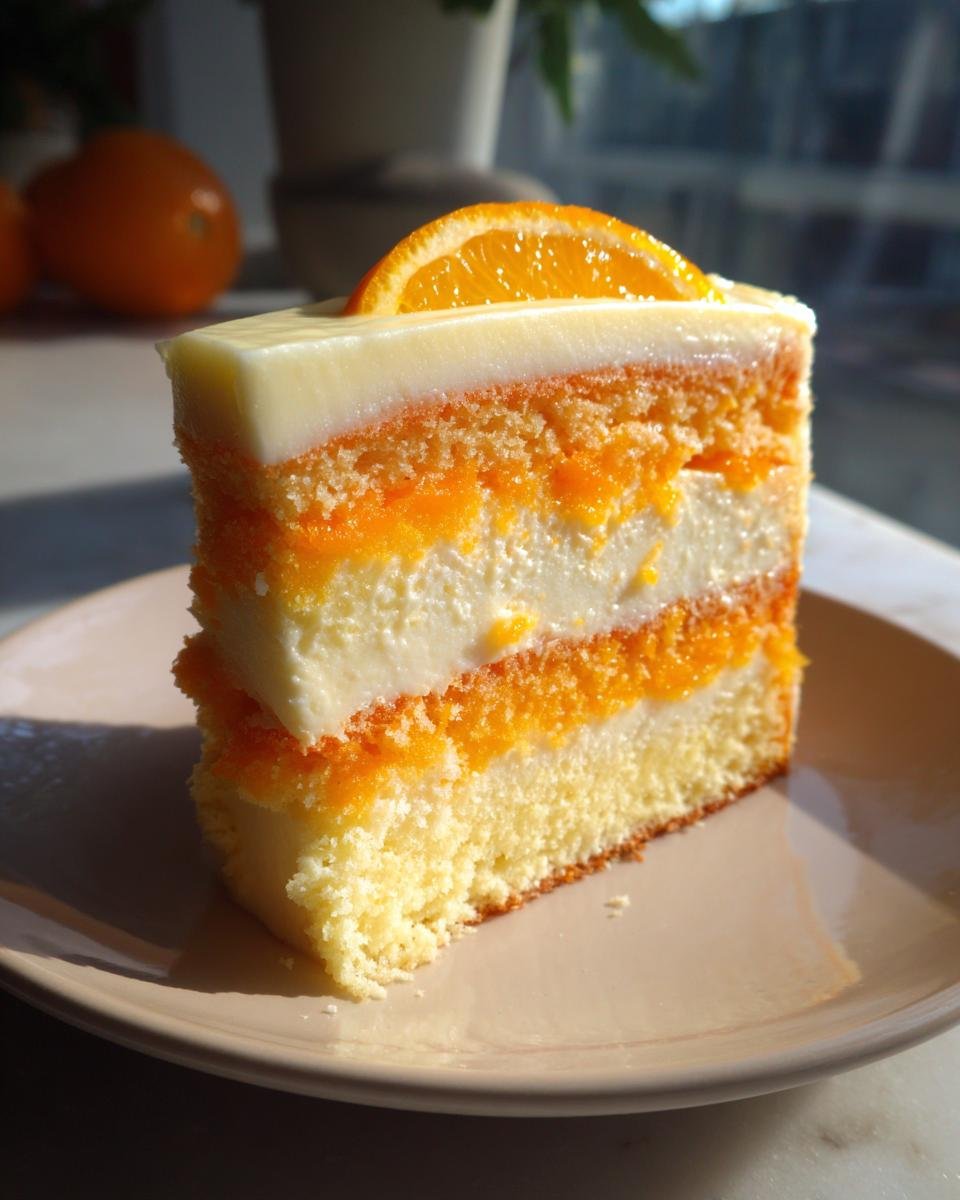 A tall slice of Orange Creamsicle Cake showing layers of orange sponge, cream filling, and topped with a white glaze and orange slice.