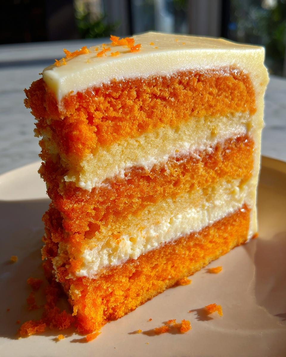 Close-up of a tall slice of Orange Creamsicle Cake showing alternating layers of bright orange and vanilla cake with white cream filling.