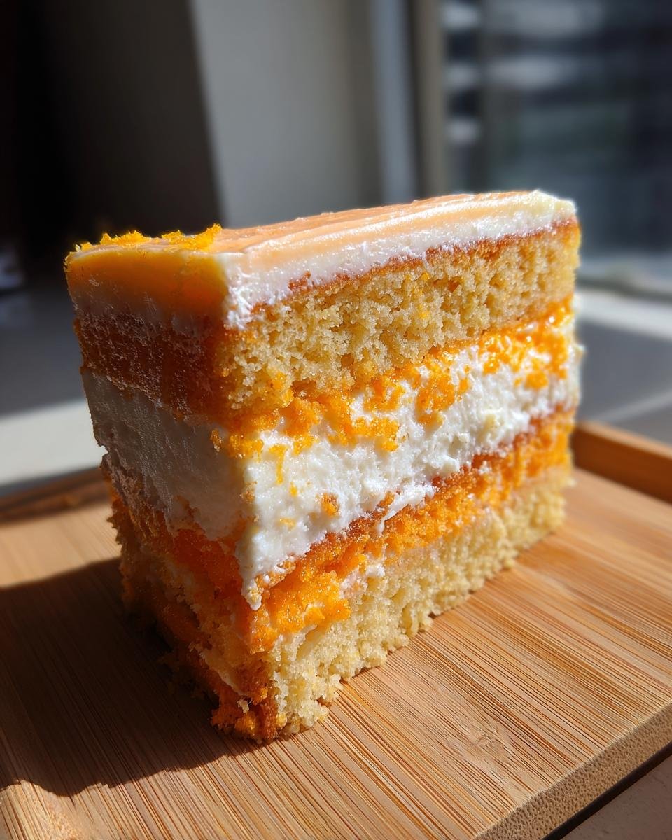 A perfect slice of Orange Creamsicle Cake showing layers of yellow cake, white cream, and bright orange zest/filling.