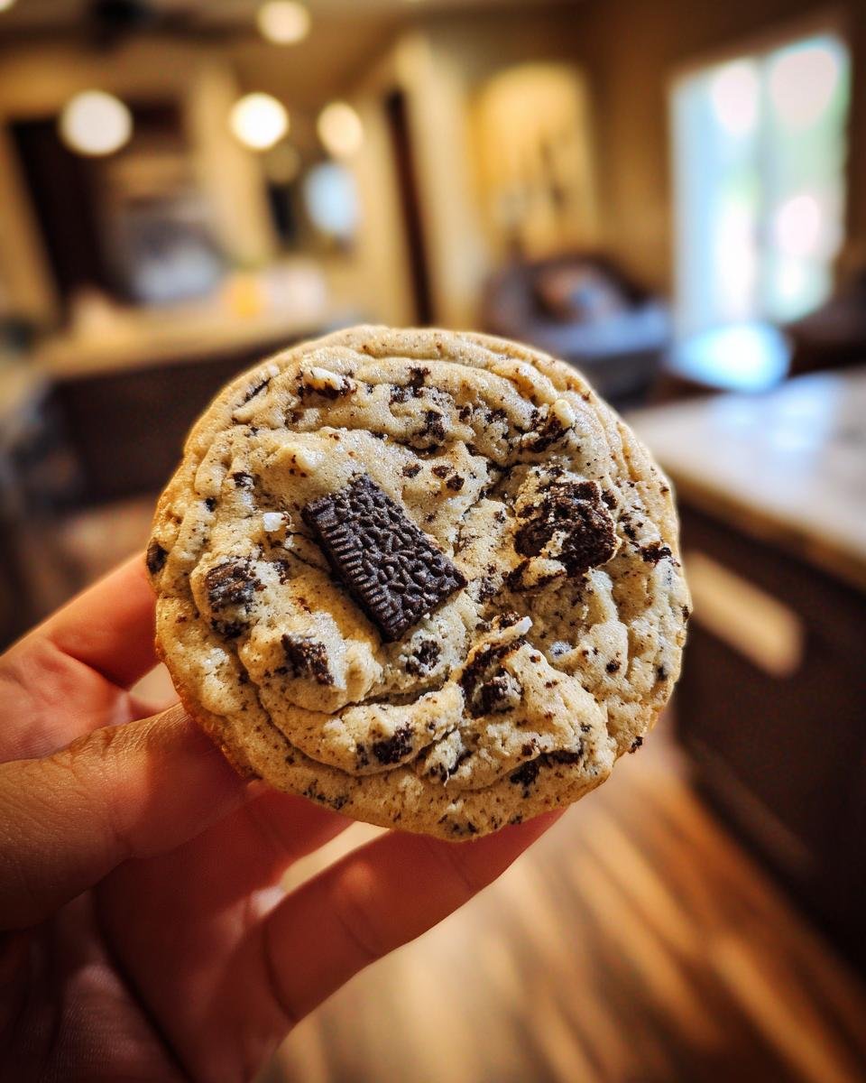 A hand holding a delicious Oreo Chocolate Chip Cookie, showcasing chunks of Oreo and chocolate chips.