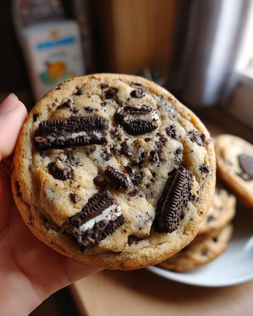 A hand holds a delicious Oreo Chocolate Chip Cookie, studded with chunks of Oreo cookies and chocolate chips.