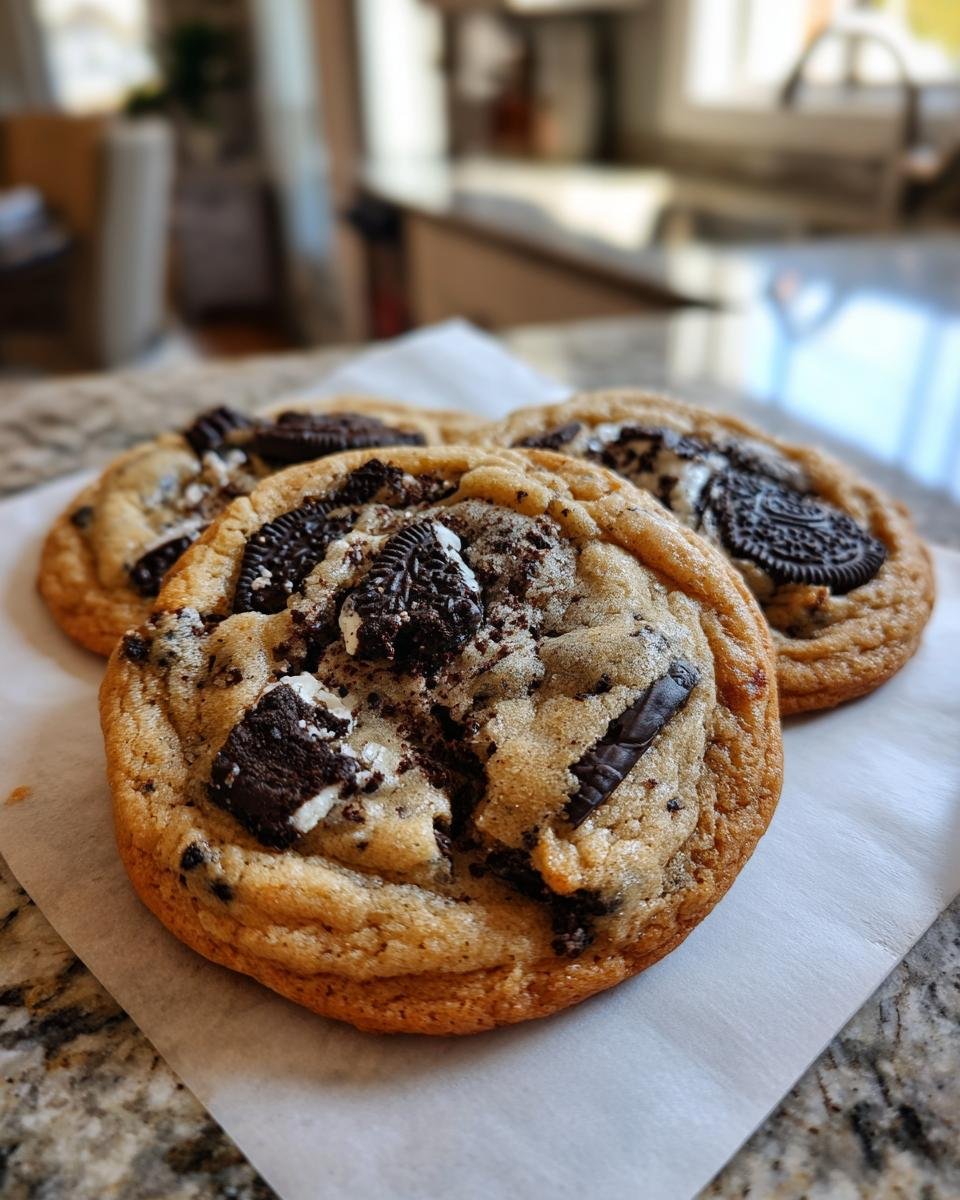 Close-up of freshly baked Oreo Chocolate Chip Cookies with chunks of Oreos and chocolate chips.