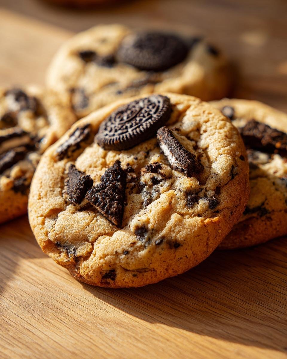 Close-up of freshly baked Oreo Chocolate Chip Cookies on a wooden surface.