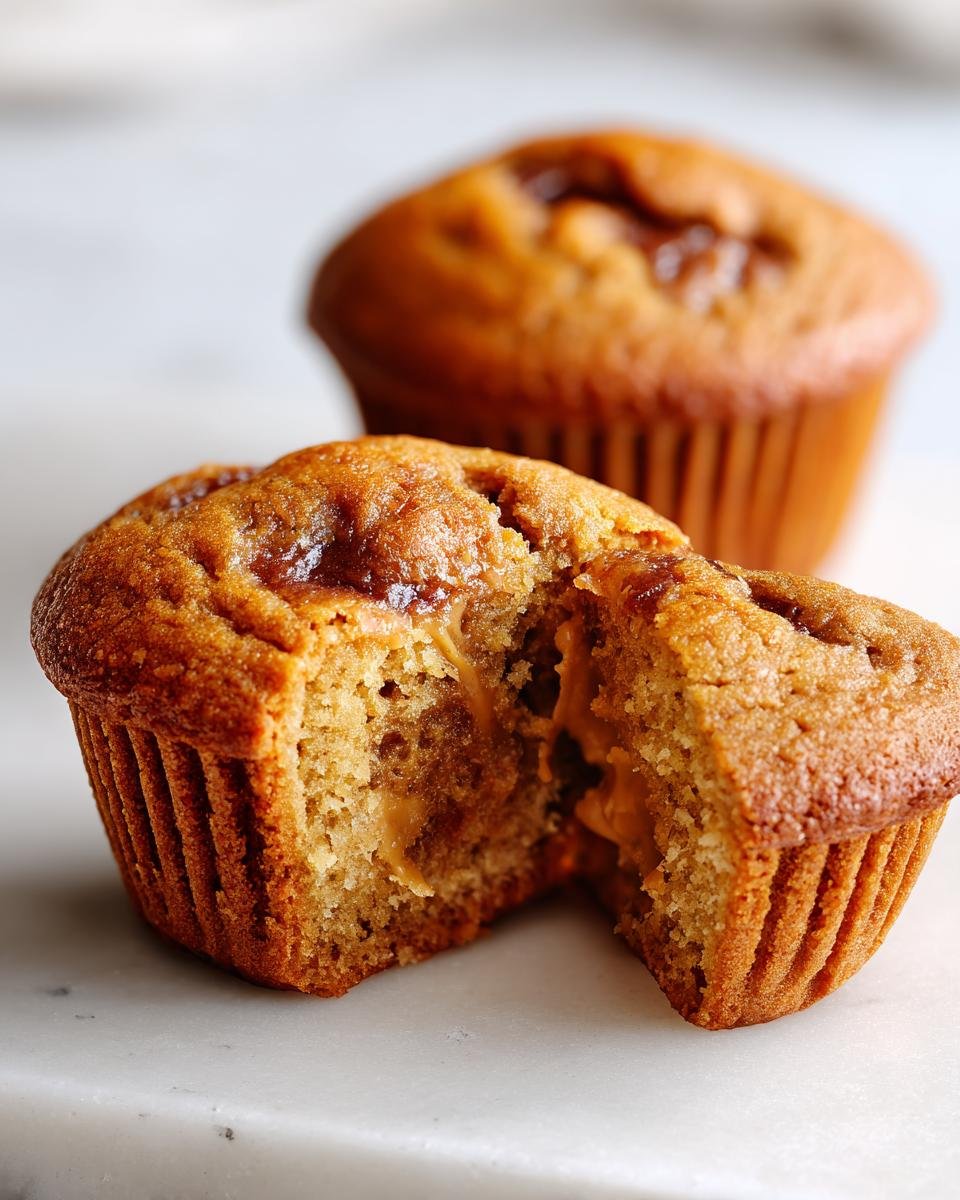 Close-up of a Peanut Butter Banana Muffin cut in half showing the gooey peanut butter center.