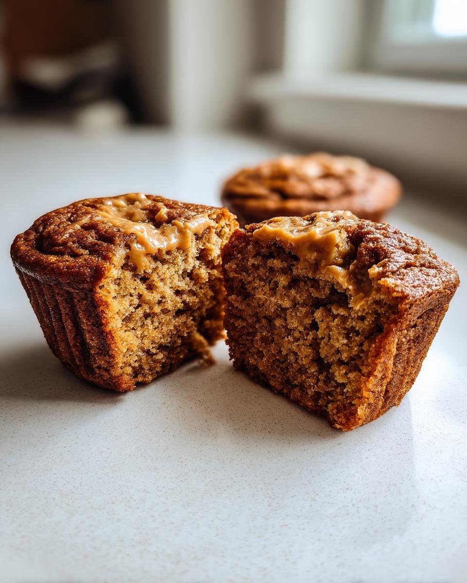 Close-up of a Peanut Butter Banana Muffin cut in half showing the moist interior and peanut butter filling.