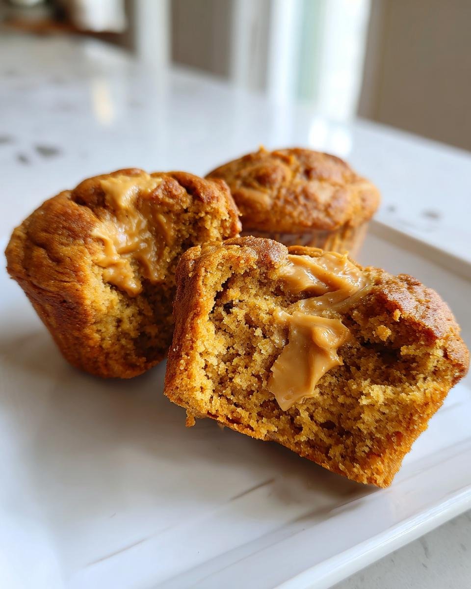 A close-up of moist Peanut Butter Banana Muffins, one cut open revealing a creamy peanut butter center.