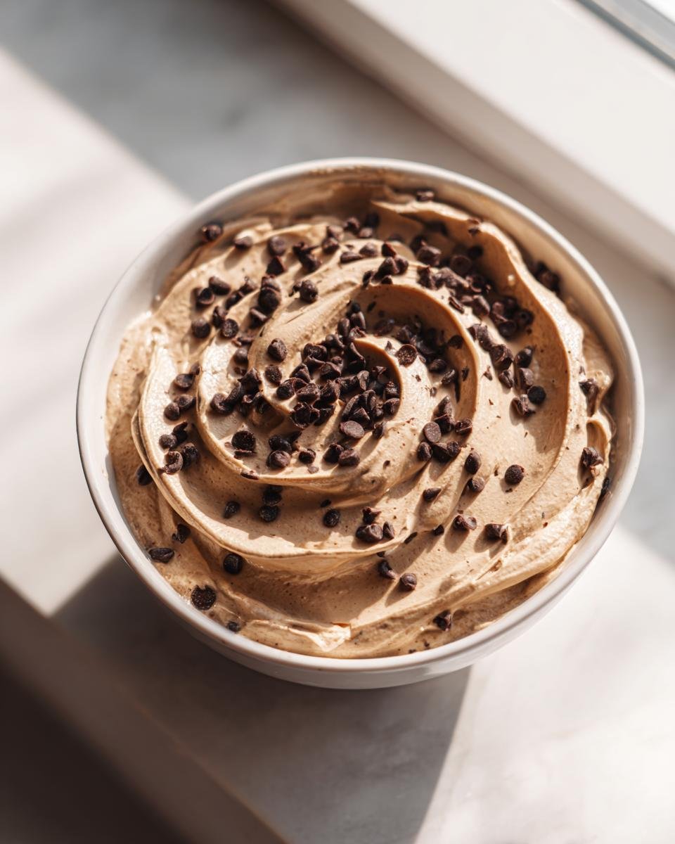 A bowl of creamy Peanut Butter Cheesecake Dip swirled and topped generously with mini chocolate chips.