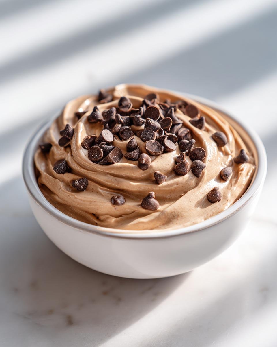 A white bowl filled with creamy Peanut Butter Cheesecake Dip, topped generously with mini chocolate chips.