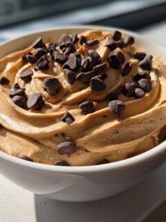A white bowl filled with creamy Peanut Butter Cheesecake Dip, swirled and topped generously with mini chocolate chips.