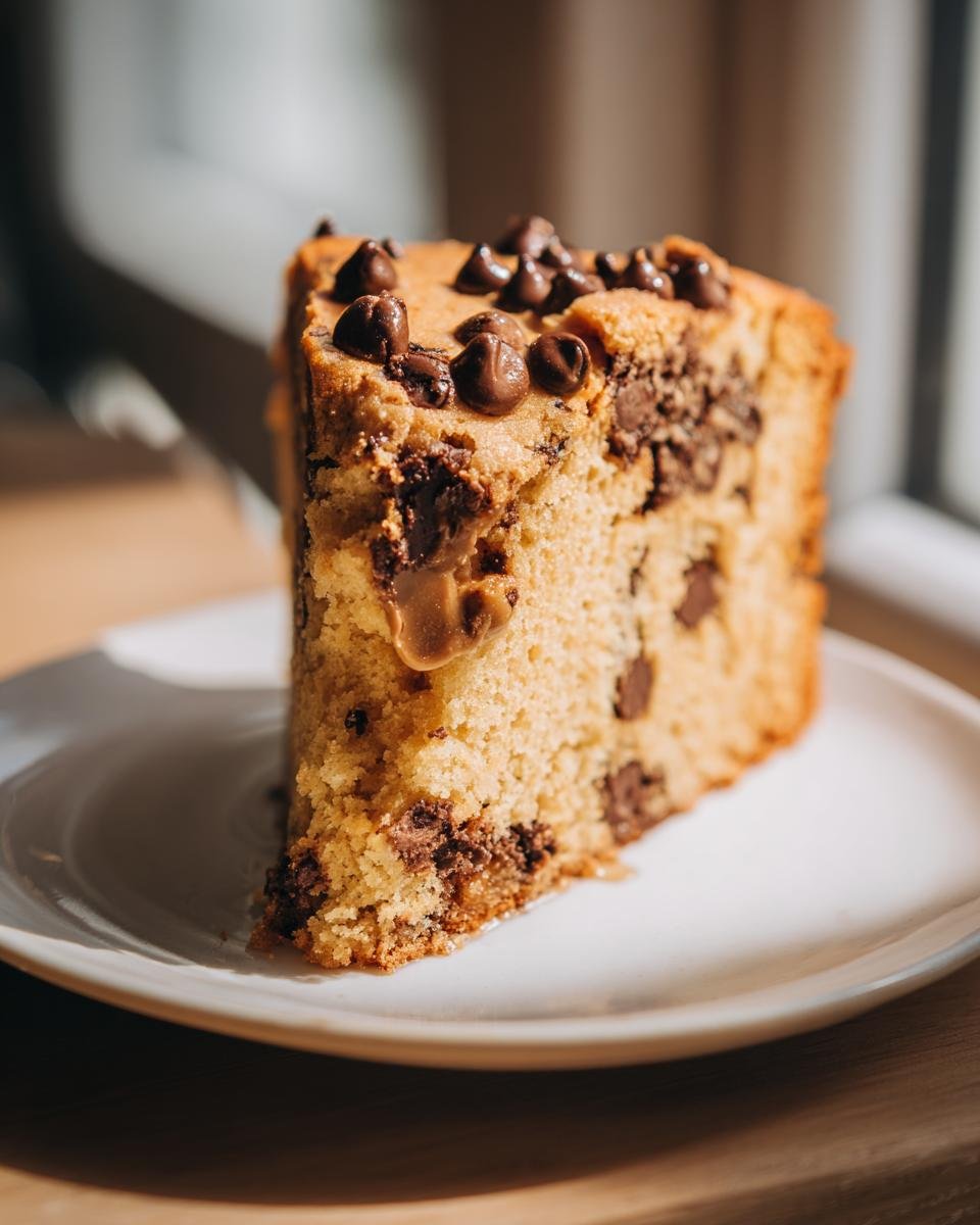 A delicious slice of Peanut Butter Cookie Cake loaded with chocolate chips and a gooey peanut butter swirl.