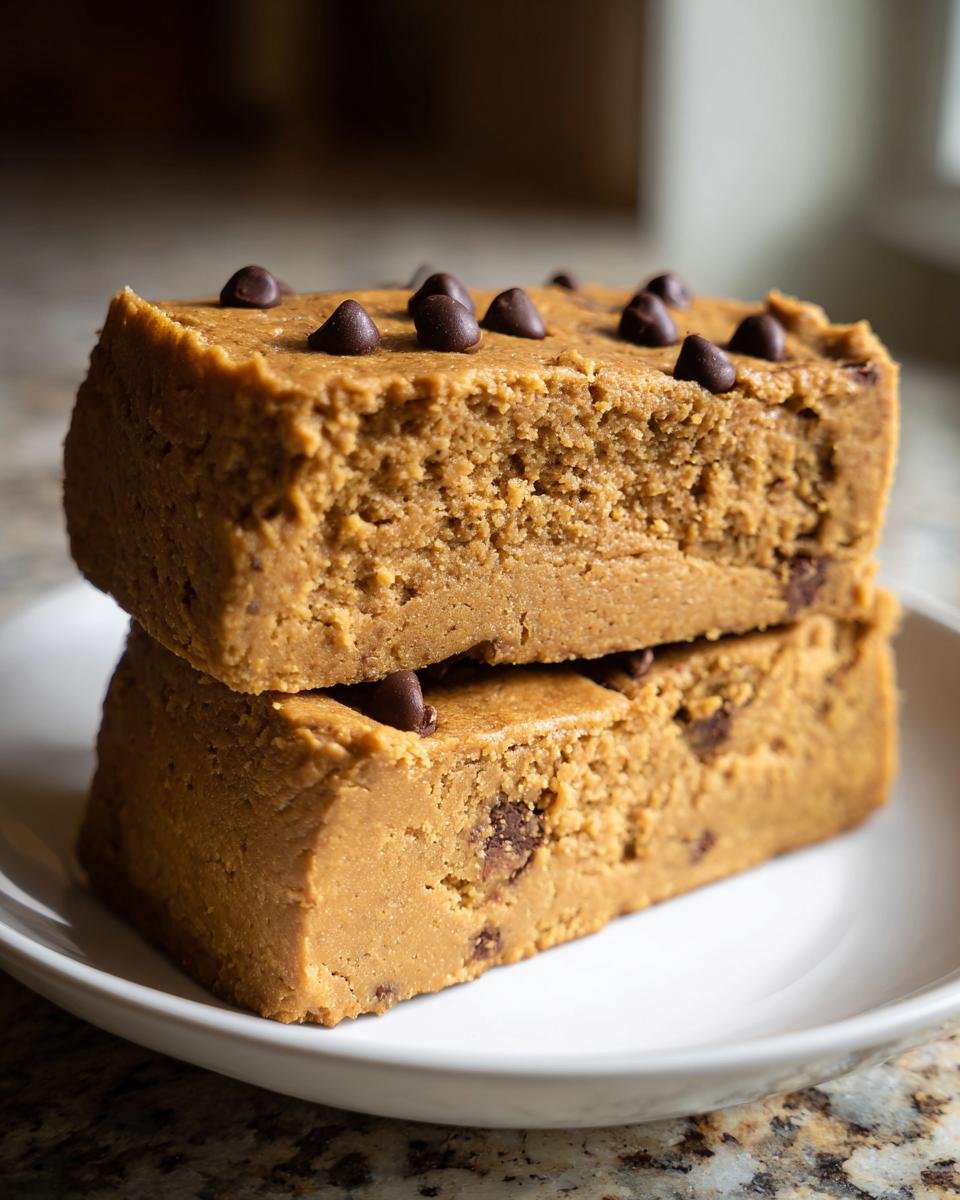 Two thick slices of Peanut Butter Cookie Cake stacked on a white plate, topped with chocolate chips.