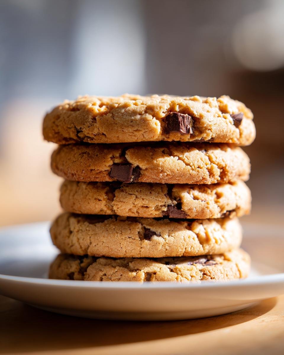 A stack of five delicious chocolate chip peanut butter cookie cake slices on a white plate.
