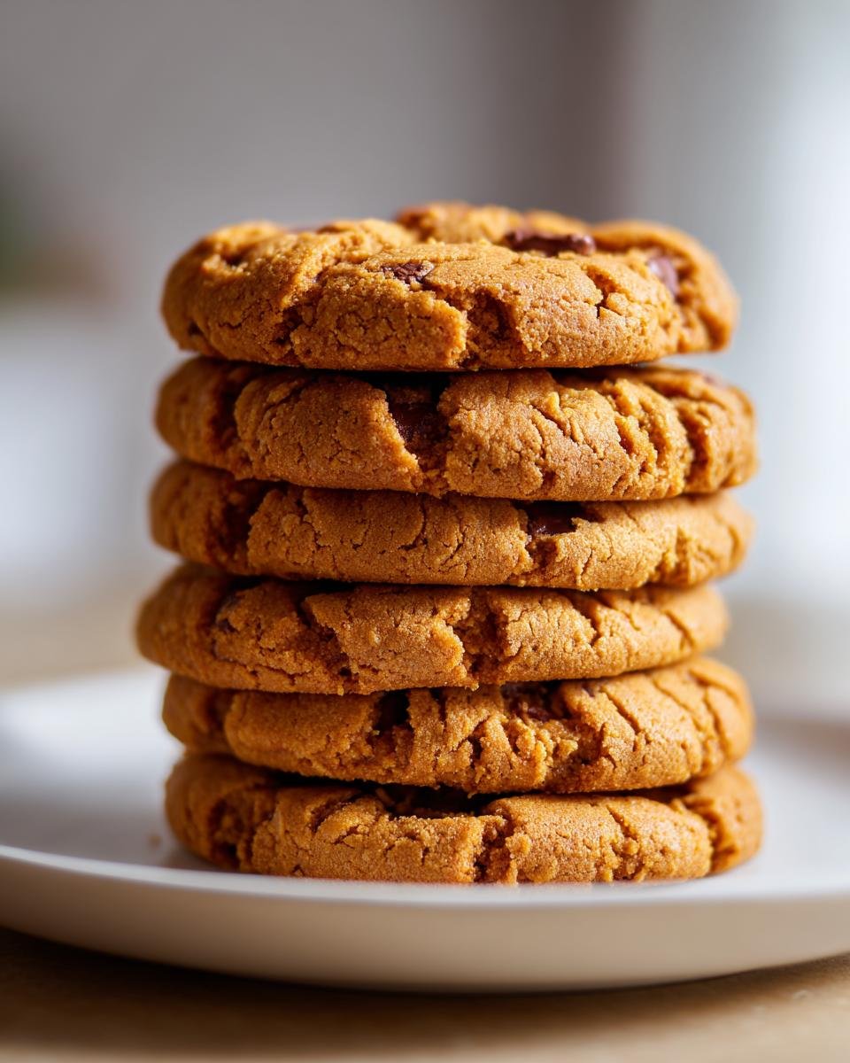 A stack of six delicious Peanut Butter Cookie Cake cookies with chocolate chips.
