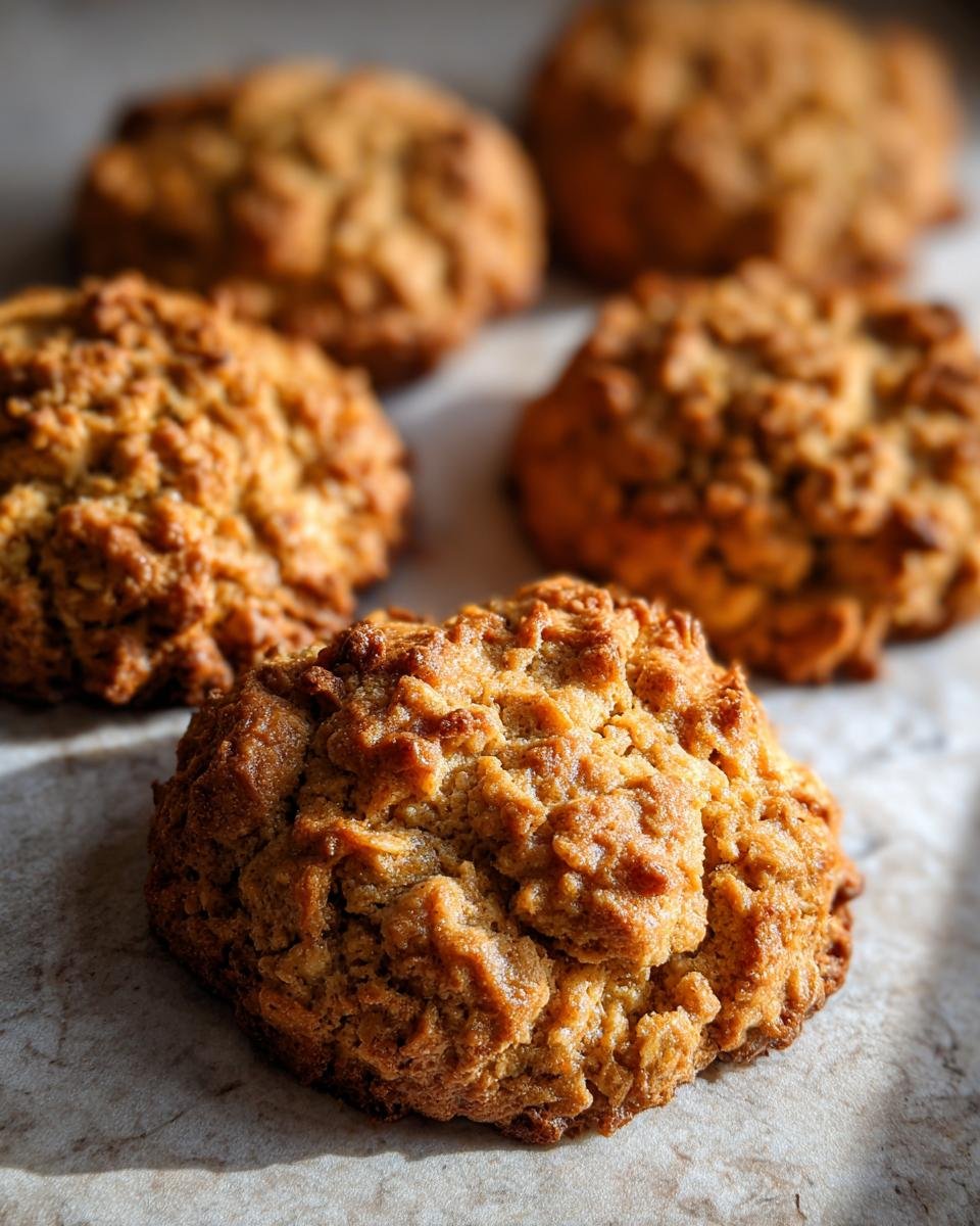 Close-up of delicious, golden-brown Peanut Butter Oatmeal Cookies with a textured surface.