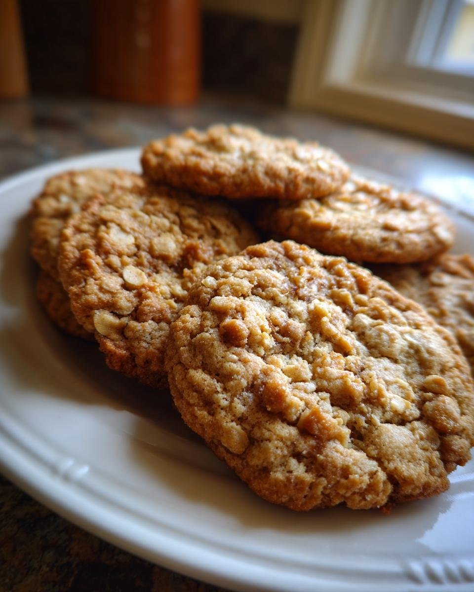 A close-up of a stack of freshly baked Peanut Butter Oatmeal Cookies on a white plate.