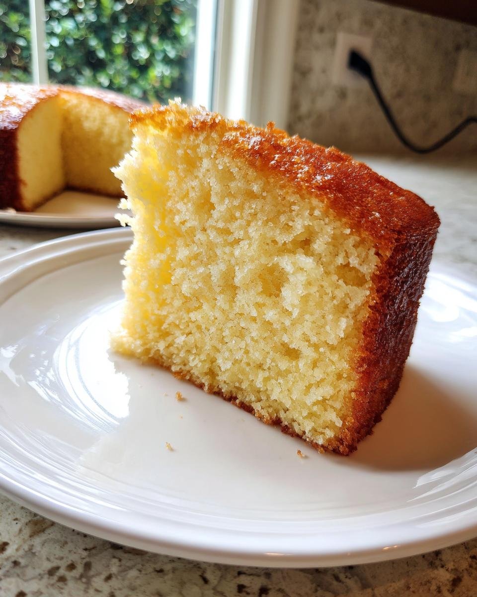 A slice of golden-brown cake with a fine crumb, showcasing excellent baking results from our baking tips.