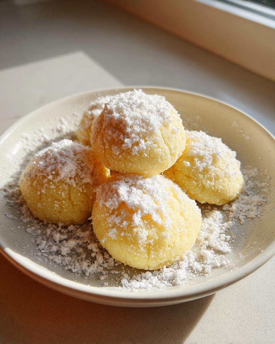 Close-up of several soft, round Maple Cookies generously dusted with powdered sugar on a light plate.