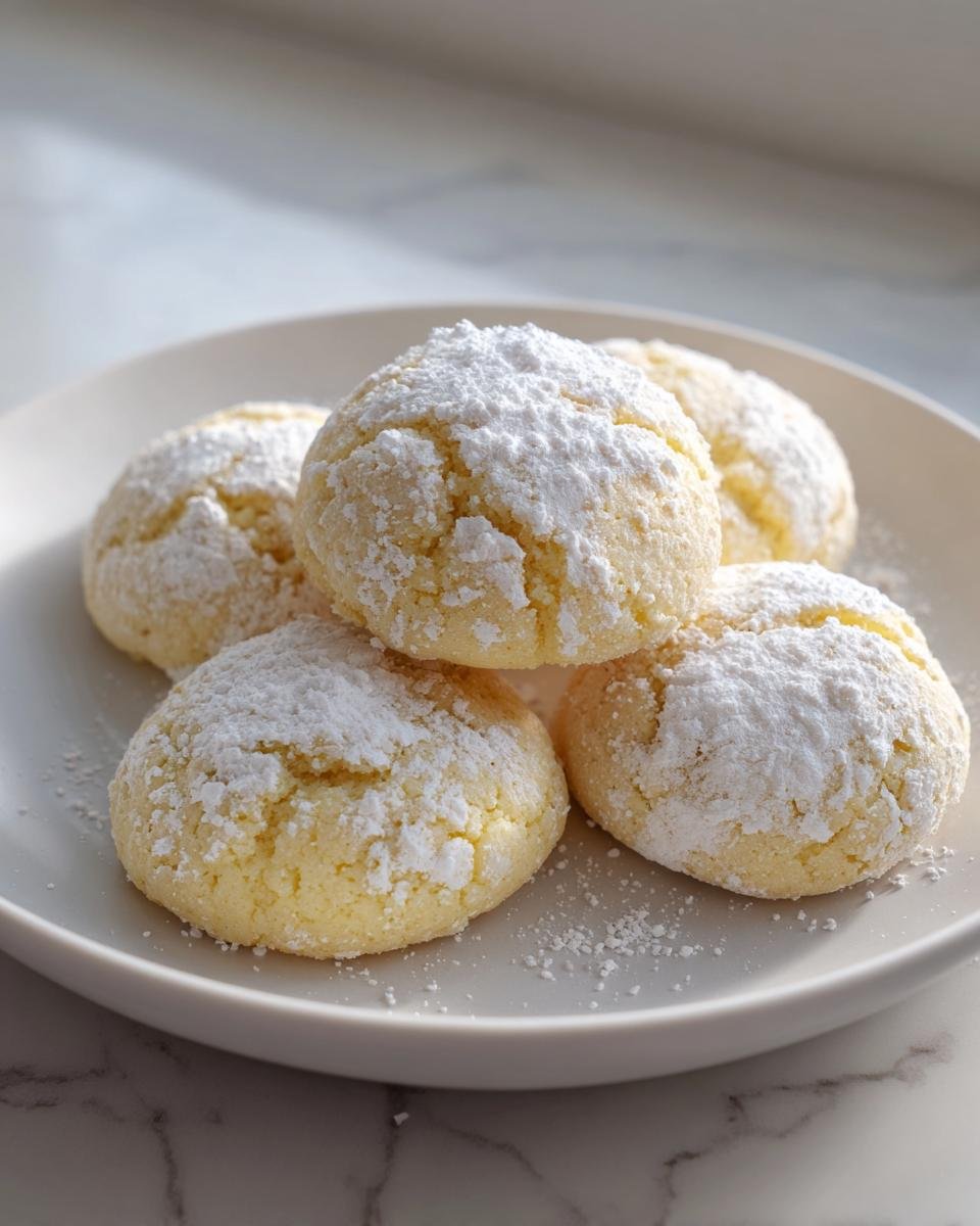 A stack of soft, cracked Maple Cookies heavily dusted with white powdered sugar on a light gray plate.