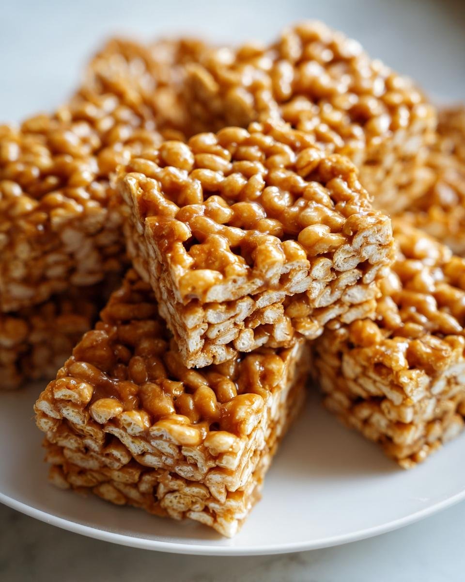 A stack of golden, sticky Puffed Wheat Squares glistening with caramel binder on a white plate.