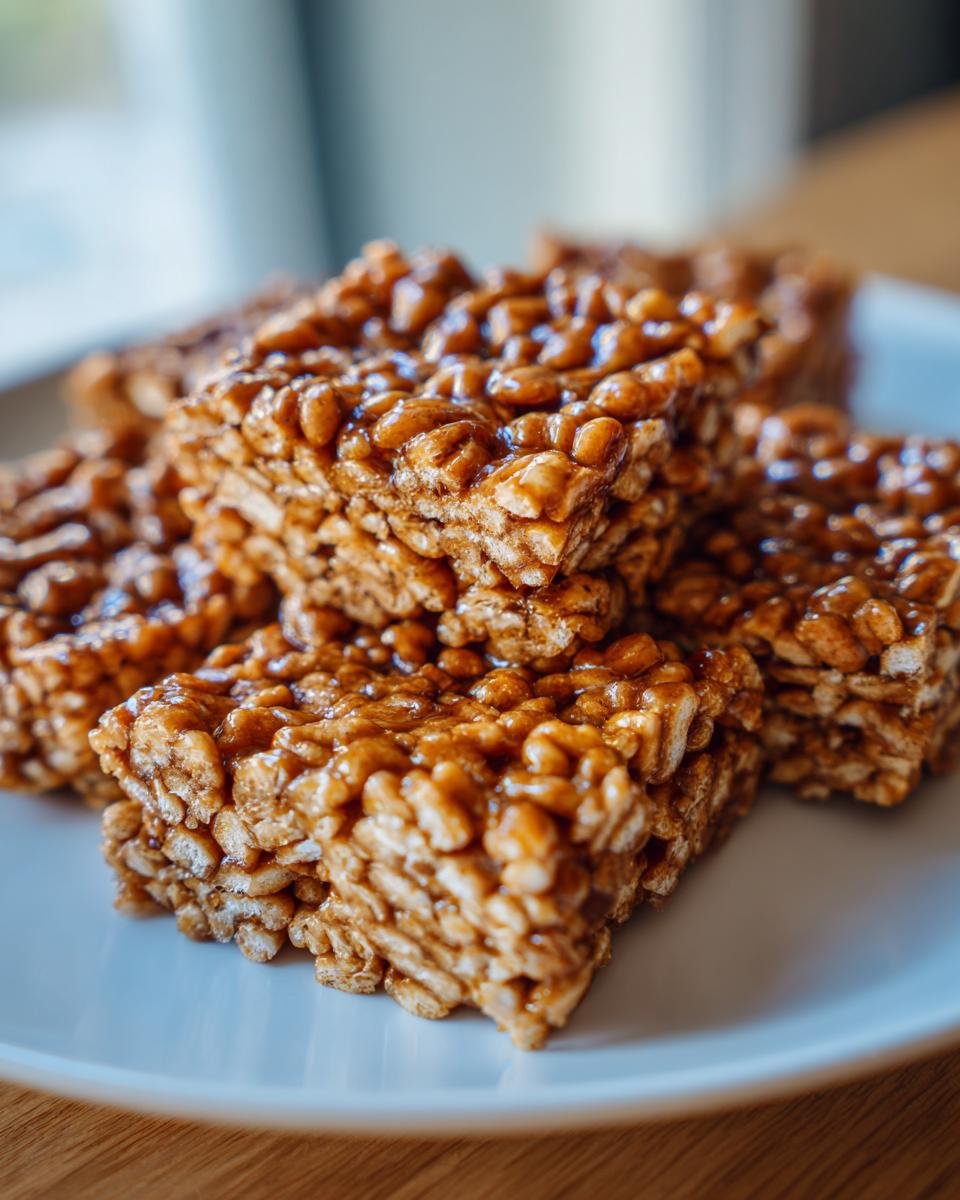 A stack of glossy, golden brown Puffed Wheat Squares piled on a white plate.