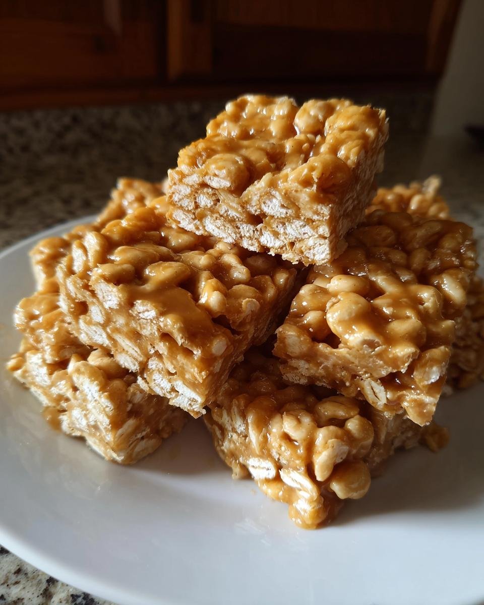 A stack of gooey, golden brown Puffed Wheat Squares piled on a white plate.