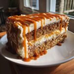 A decadent slice of Pumpkin Cake With Caramel Cream Cheese Frosting, layered and drizzled heavily with caramel sauce.