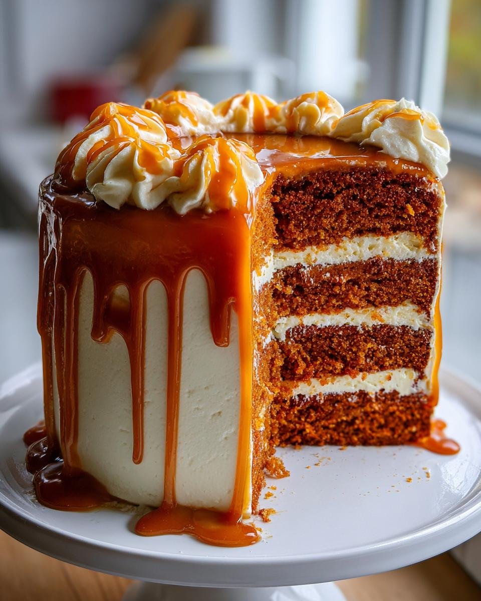A tall, multi-layered Pumpkin Cake With Caramel Cream Cheese Frosting, showing a slice removed to reveal layers of spiced cake and white frosting.