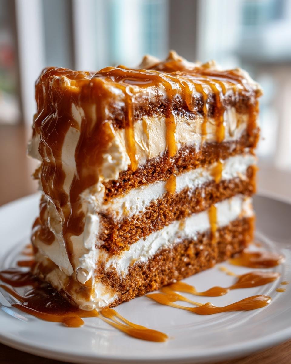 A decadent slice of Pumpkin Cake With Caramel Cream Cheese Frosting, layered with cream and drizzled heavily with caramel sauce.