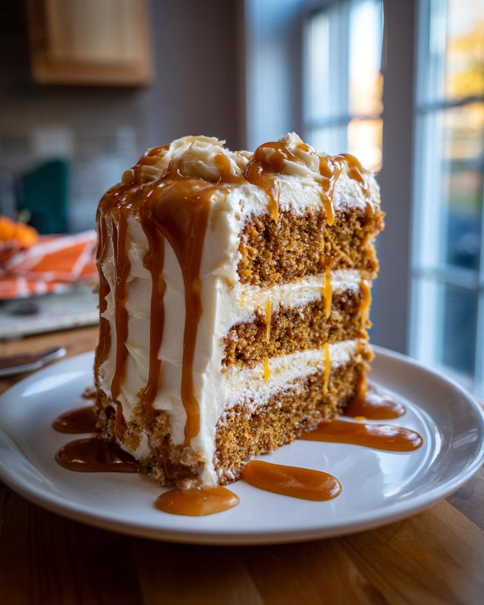 A tall slice of multi-layered Pumpkin Cake With Caramel Cream Cheese Frosting dripping with caramel sauce.